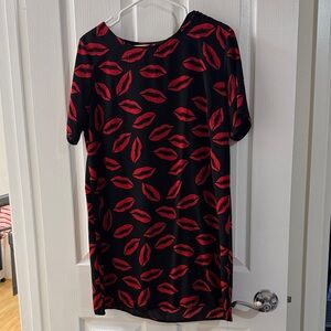 Black Mini Dress with Red Lip Print - Women's Shift Dress